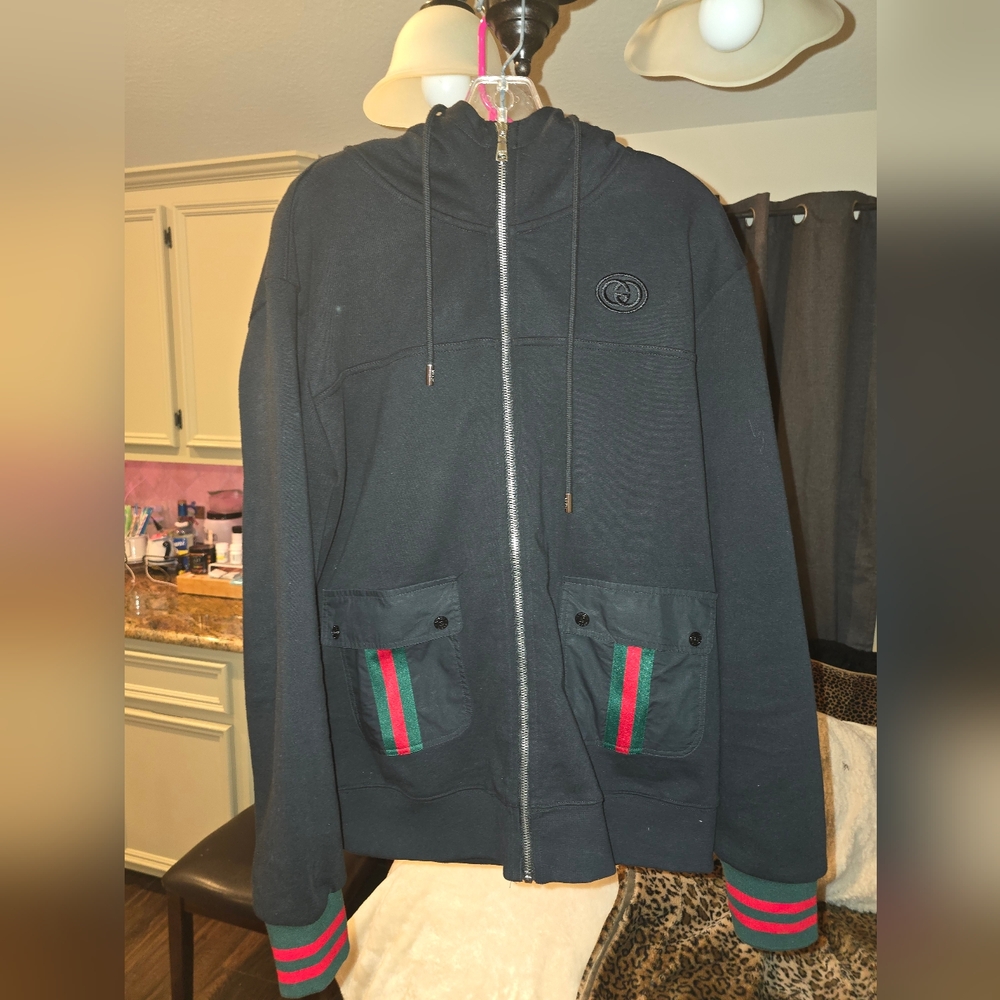 Gucci black hooded jacket with web!